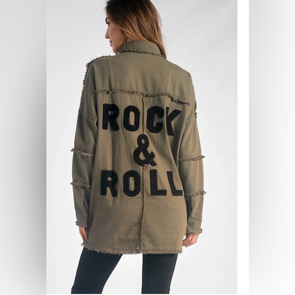 Elan Olive Utility Shacket with Rock & Roll Design XS NWT